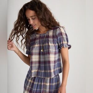 Marine Layer - Elena Smocked Top - Dusty Blue Plaid - Size Large
